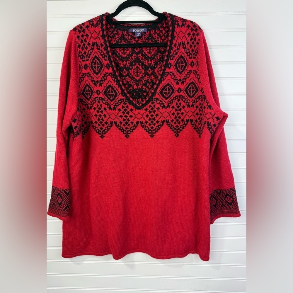 Roamans women’s Red and Black Patterned deep V neck sweater 3/4 sleeves. Size 2X